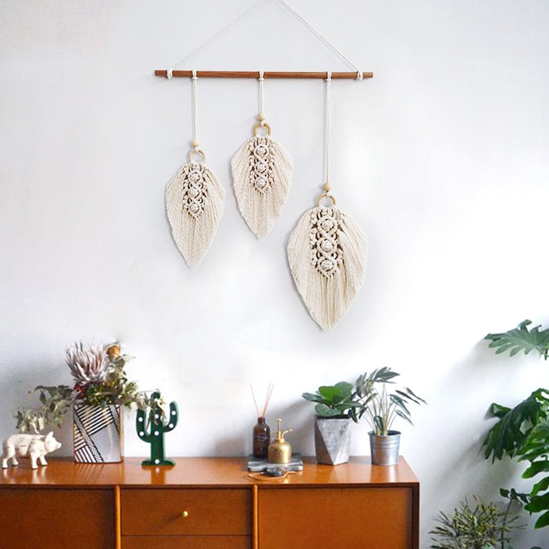 VibeCore Handmade Macrame Feathers On Living Room Wall