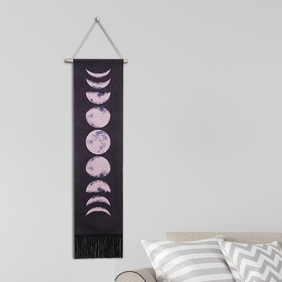 VibeCore Nine Phases of the Moon Wall Hanging in black, featuring the complete moon cycle on a natural cotton-linen material, strung with twine, creating a mystic, celestial ambiance on a wall.
