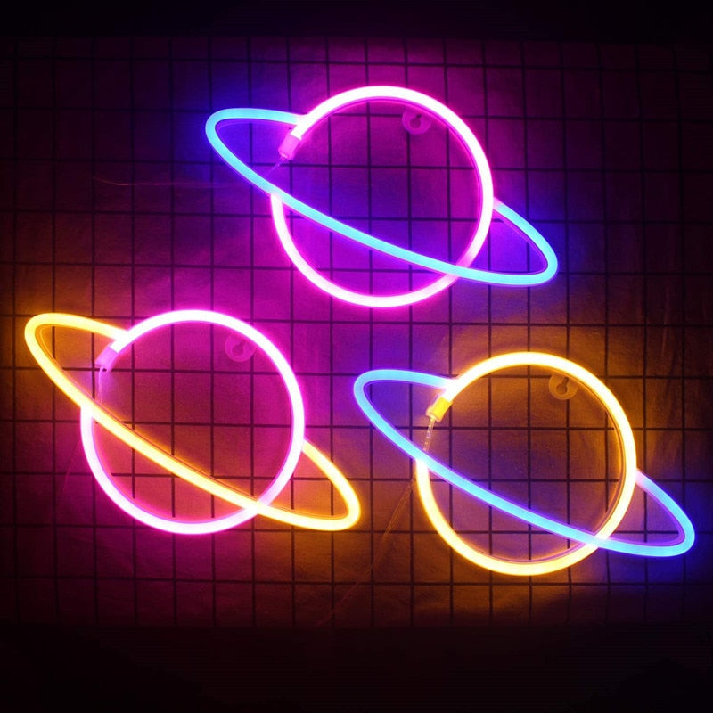 Aesthetic VibeCore Out Of This World Planet Neon Light in 3 light colors, USB or battery-powered LED sign for trendy bedroom, dorm, or gaming room decor, adding a cosmic glow to any space.