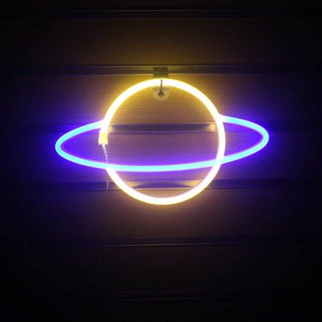 Aesthetic VibeCore Out Of This World Planet Neon Light in purple and yellow, USB or battery-powered LED sign for trendy bedroom, dorm, or gaming room decor, adding a cosmic glow to any space.