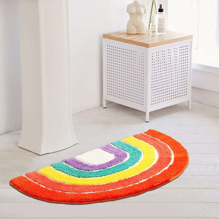 VibeCore Rainbow Plush Rug in front of the sink, showcasing vibrant colors and a soft, fluffy texture. Water-absorbent with a non-slip backing, perfect for adding comfort and style to your bathroom or any space. Durable and easy to clean.