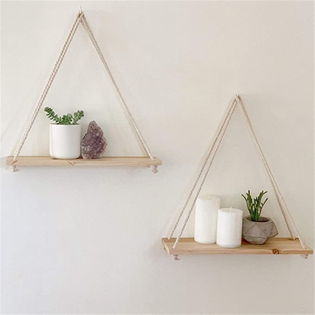 VibeCore Rope Hanging Shelf with two levels, suspended by strong ropes, offering a stylish, rustic storage solution for plants, books, and home decor items.