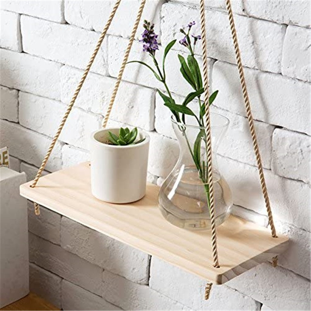 VibeCore Rope Hanging Shelf close-up showcasing the durable paulownia wood, strong ropes, and rustic design, perfect for displaying plants, decor, or small treasures.