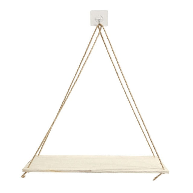 Front view of VibeCore Rope Hanging Shelf, crafted from durable paulownia wood with rustic rope accents, perfect for showcasing decor, plants, or small items.